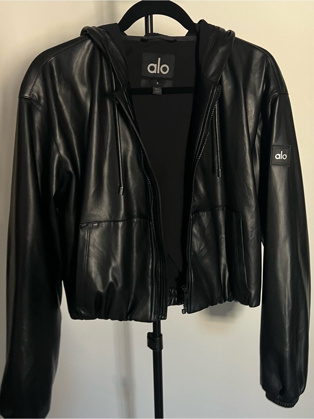 ALO Yoga Black Faux Leather Hooded Bomber Jacket